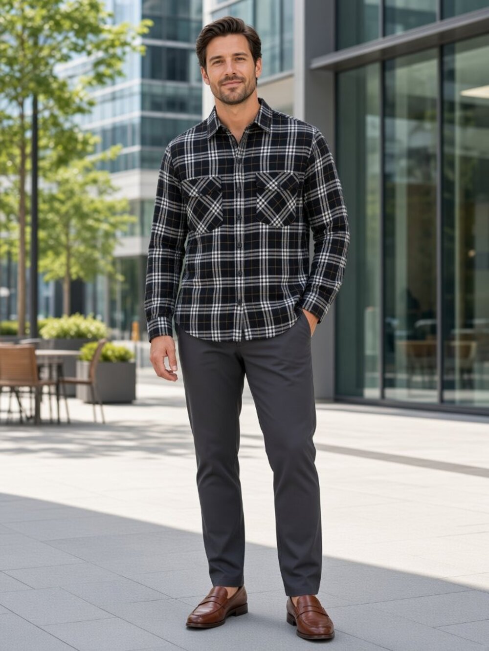 Sanctuary Men Black White Brown Plaid Classic Casual Button-Down Shirt US M